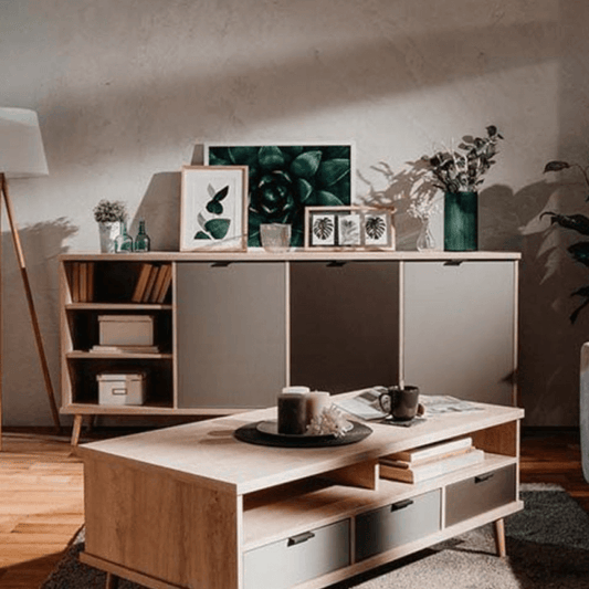 Buffet Epik 56 en chêne gris anthracite avec 3 portes et compartiment ouvert