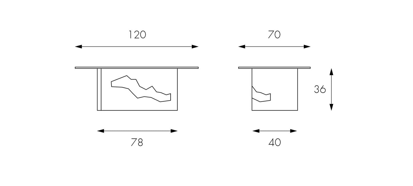 Table basse gris transparent 70 cm x 120 cm H. 36 cm