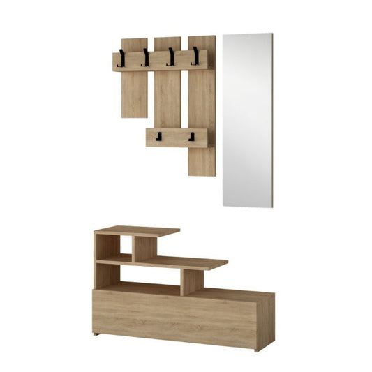 Meuble d'entrée en chêne avec étagère à chaussures et miroir Vesty 100x30xh.122 cm
