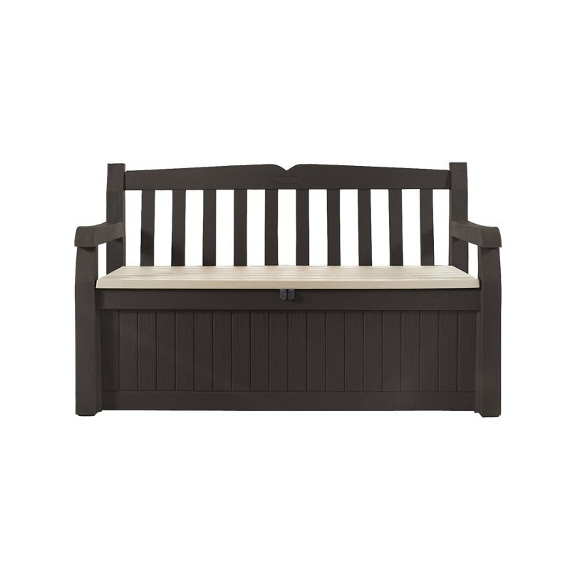 Coffre en résine finition effet bois, marron avec assise beige 140x60xh.84 cm