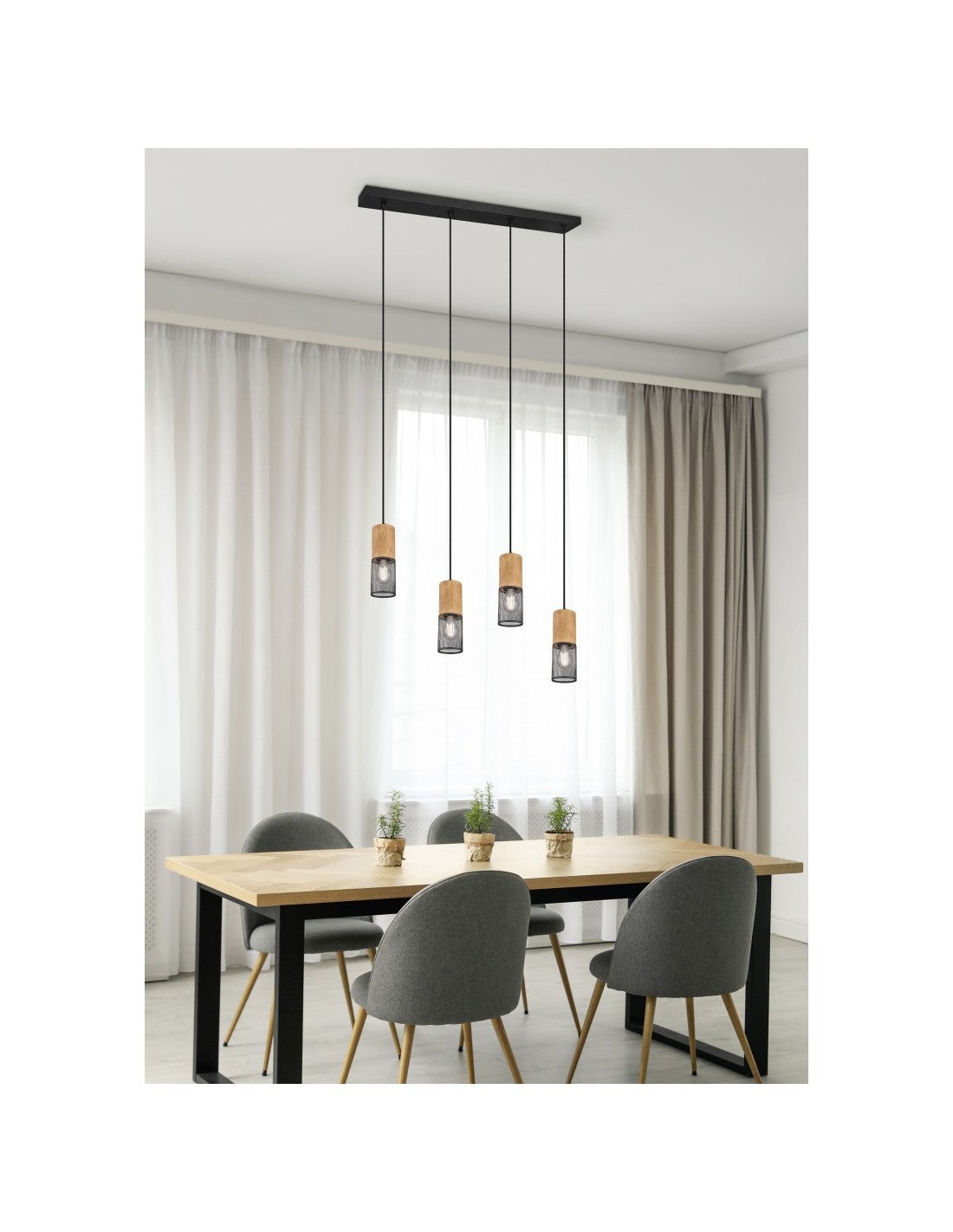 Tosh Suspension Noir 4xE27 Cage Bois Et Métal L65 cm Trio Luminaire