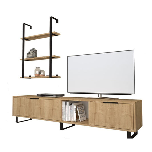 Meuble TV avec 2 abattants et bibliothèque 3 étagères en chêne 180x35xh.40 cm