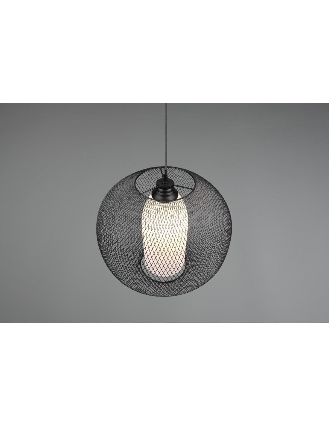 Suspension Lustre Diffuseur Rond Cage En Métal Noir Avec Fil De Verre Opale Trio Éclairage