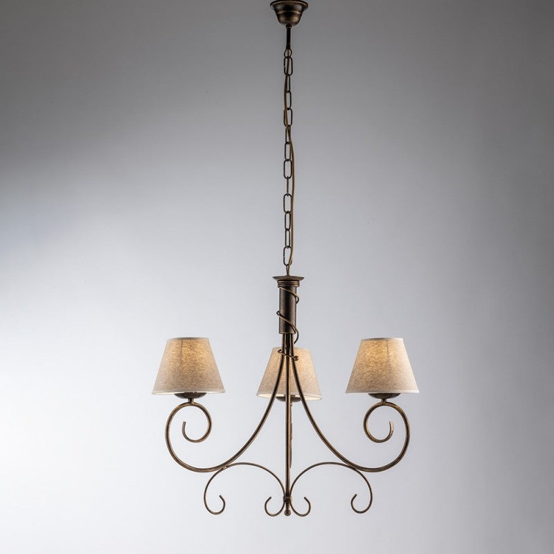 Lustre Vienna en fer Marron Or trois lumières abat-jour 52x h58 cm