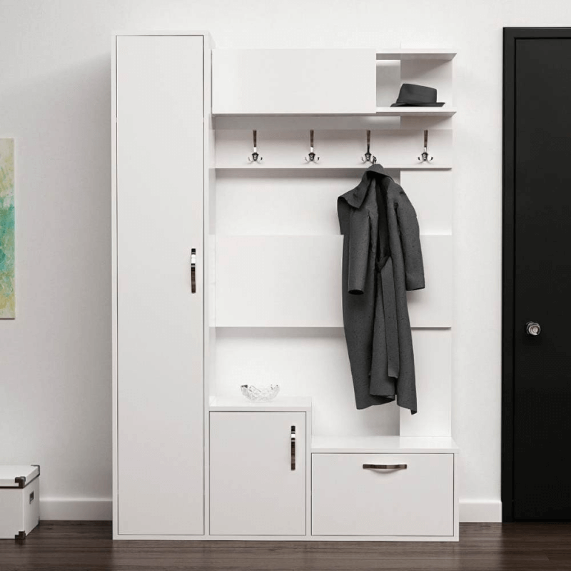 Mobilier d'entrée Seina blanc avec étagères à chaussures et cintres