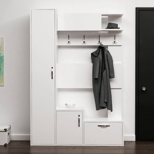 Mobilier d'entrée Seina blanc avec étagères à chaussures et cintres