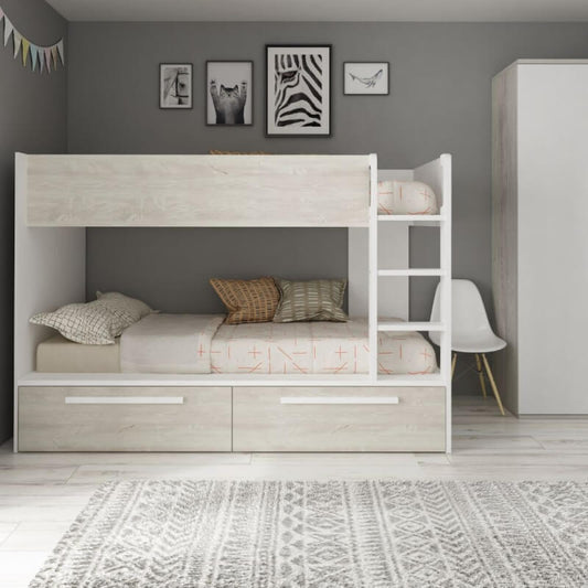 Cameretta con letto a castello con cassettoni colore bianco consumato e bianco reversibile