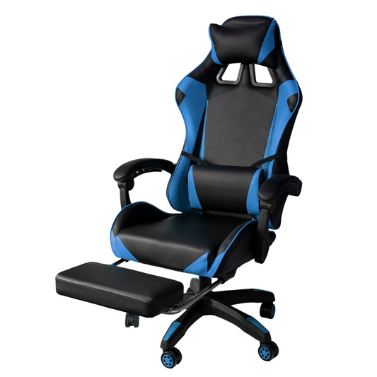 Chaise de bureau gaming inclinable en éco-cuir avec repose-pieds Bleu et Noir 64x53x h123-133 cm