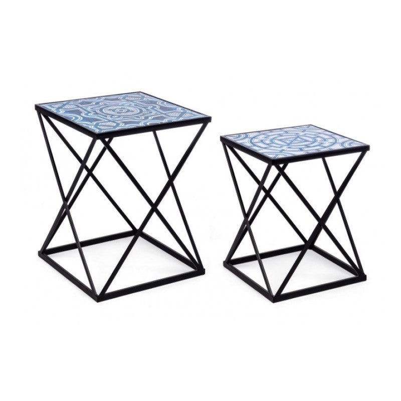 Lot de 2 tables basses NEAPOLIS en acier avec plateau en MDF décoré d'impression 55h 47h cm