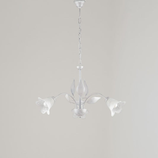 Lustre en fer Blanc Argenté à trois lumières en verre Albâtre Blanc 60x h43 cm