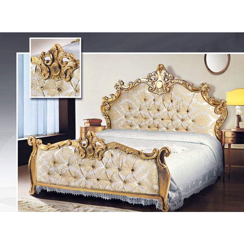 Lit double avec tête et pied de lit baroques en tissu damassé 172x212xh.165 cm