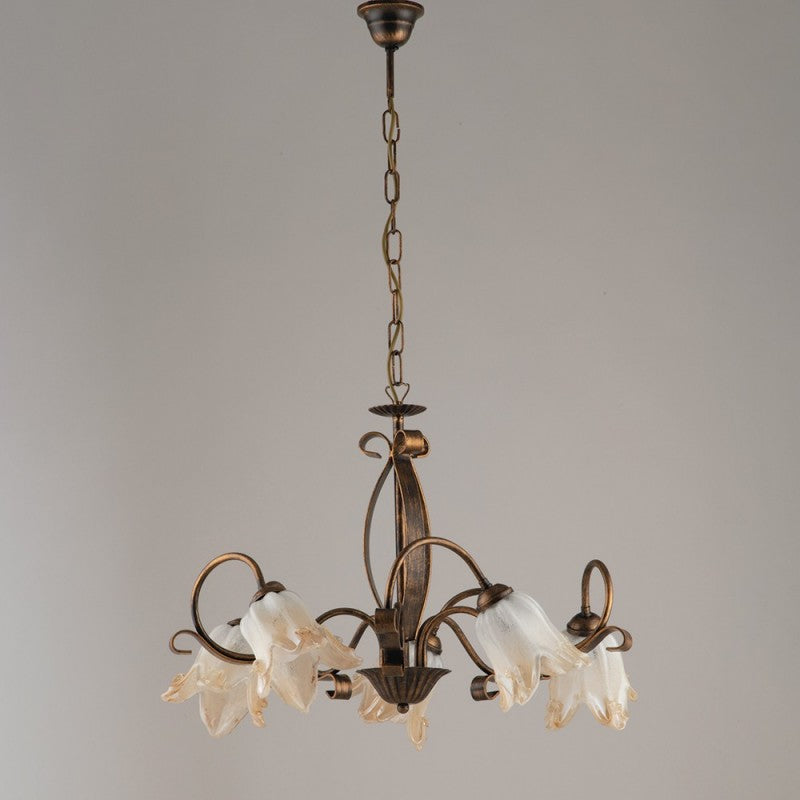 Lustre en fer marron doré cinq lumières abat-jour en verre blanc ambre 64x h45 cm