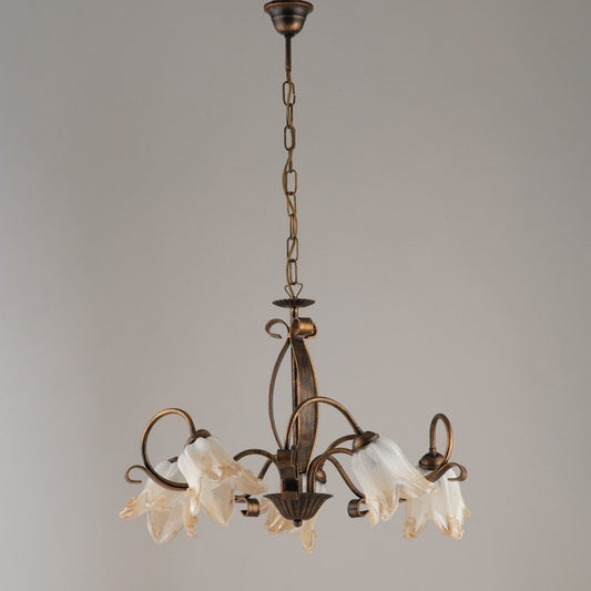 Lustre en fer marron doré cinq lumières abat-jour en verre blanc ambre 64x h45 cm