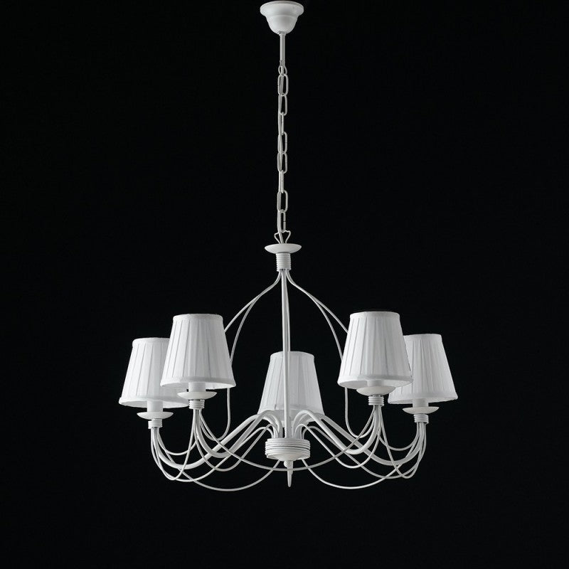 Lustre en fer blanc shabby cinq lumières abat-jour blanc 69x h45 cm