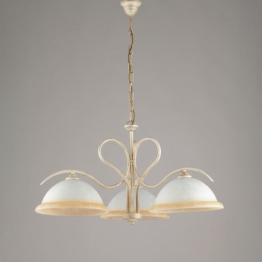 Lustre en fer doré ivoire à trois lumières en verre Blanc et Ambre 68x h43 cm