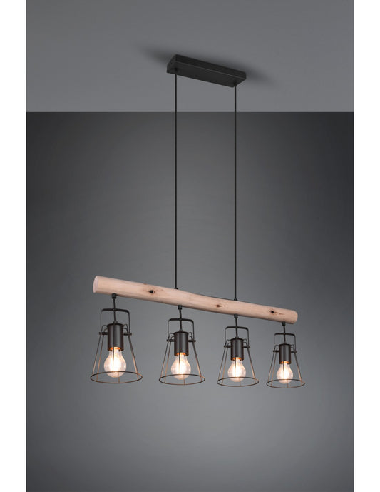 Suspension Barre En Bois 4 Lumières Jaipur Industriel Vintage Noir Et Bois Trio Éclairage