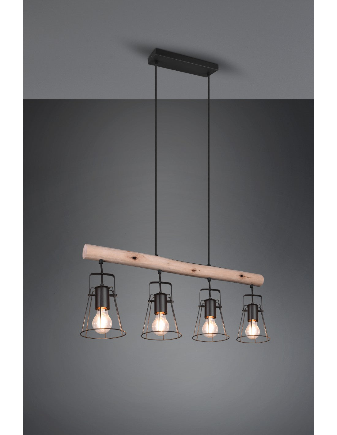 Suspension Barre En Bois 4 Lumières Jaipur Industriel Vintage Noir Et Bois Trio Éclairage