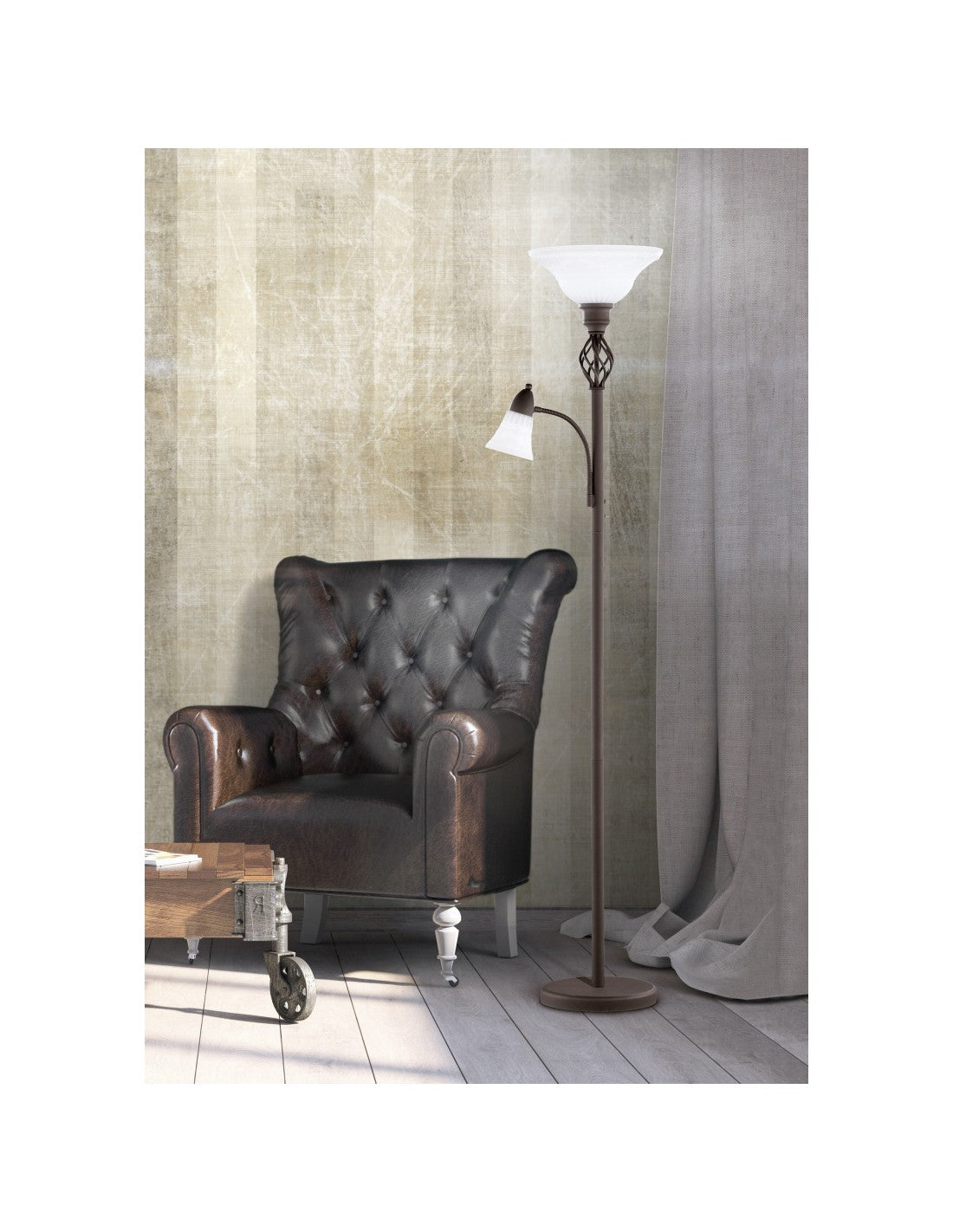 Lampadaire Rustique Rouille avec 2 Verres Opale et Spot de Lecture Trio Lighting
