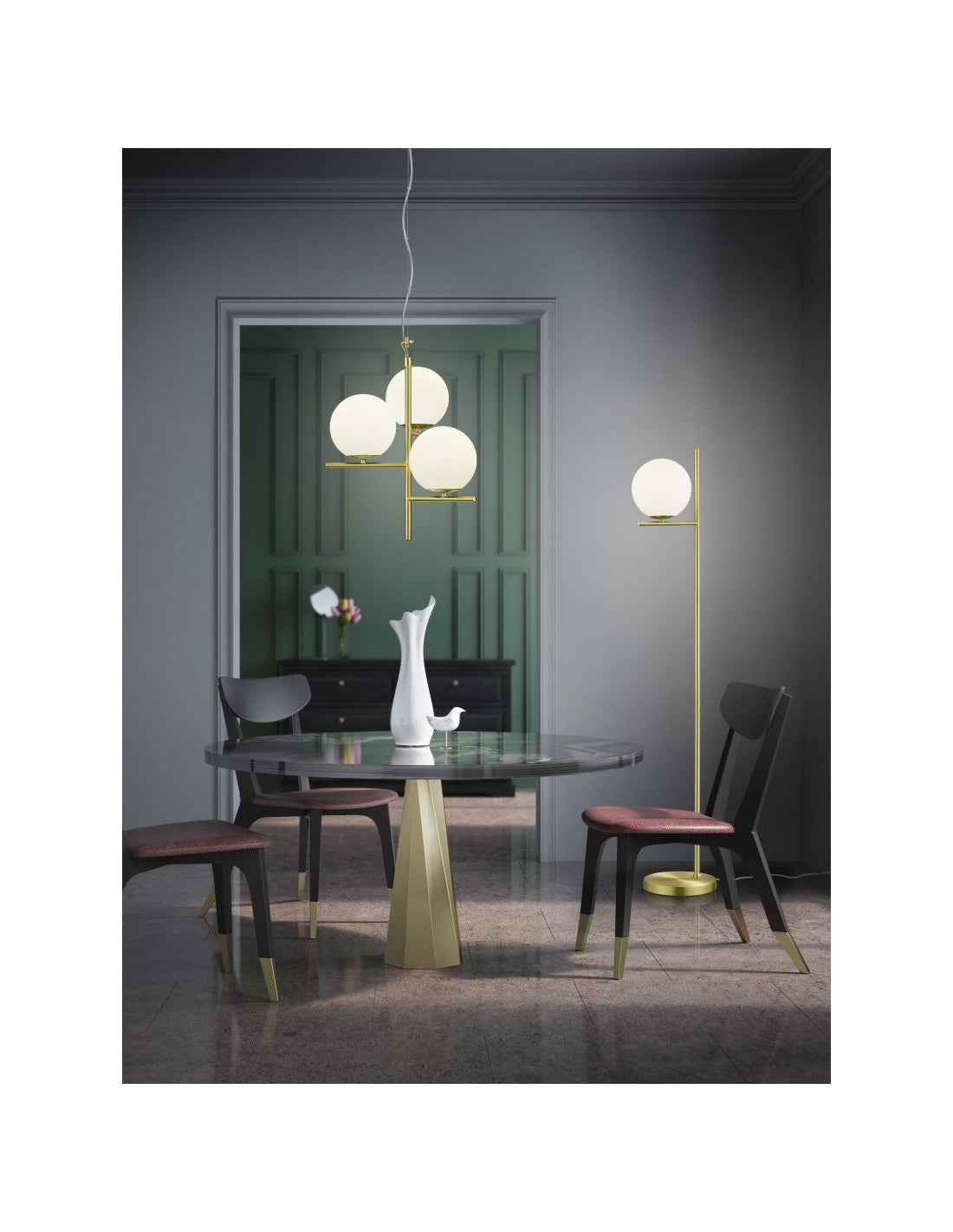 Lampadaire Sphère Verre Blanc Laiton H150 cm Pure Trio Lighting